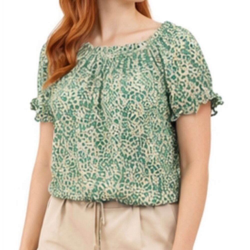 Jennifer & Grace green eyelet puff sleeve cropped blouse M